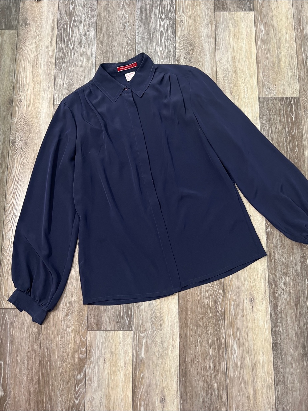 Halston III Women’s 14 Navy Solid Collared Long Sleeve Button-Up Blouse
